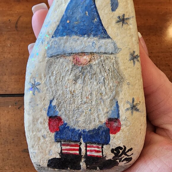 Christmas Holiday Gnome in Blue Santa Outfit with Snow Sparkles on a River Rock - Picture 10 of 10